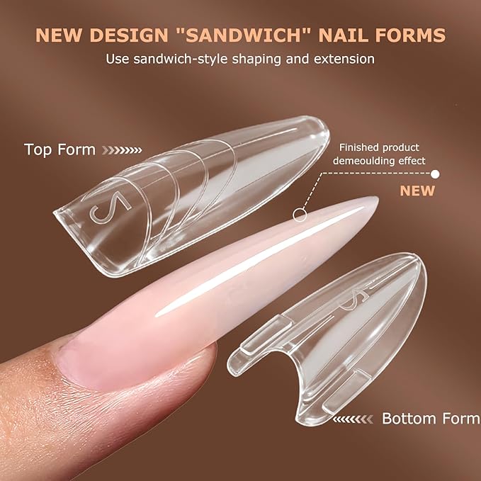 Sandwich Nails Dual Forms,280Pcs Almond Reusable Nail Extension Forms with Silicone Polygel Stick,Easy Demolding & Intuitive Operation for DIY & Professional Use