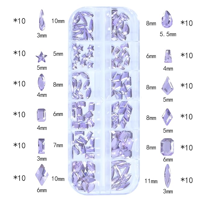 HNUIX Nail Rhinestones - 1600pcs 3D Multi Shape Size, Light Purple Nail Gems, Flat Back, with Kit, for Nail Art, DIY Decorations