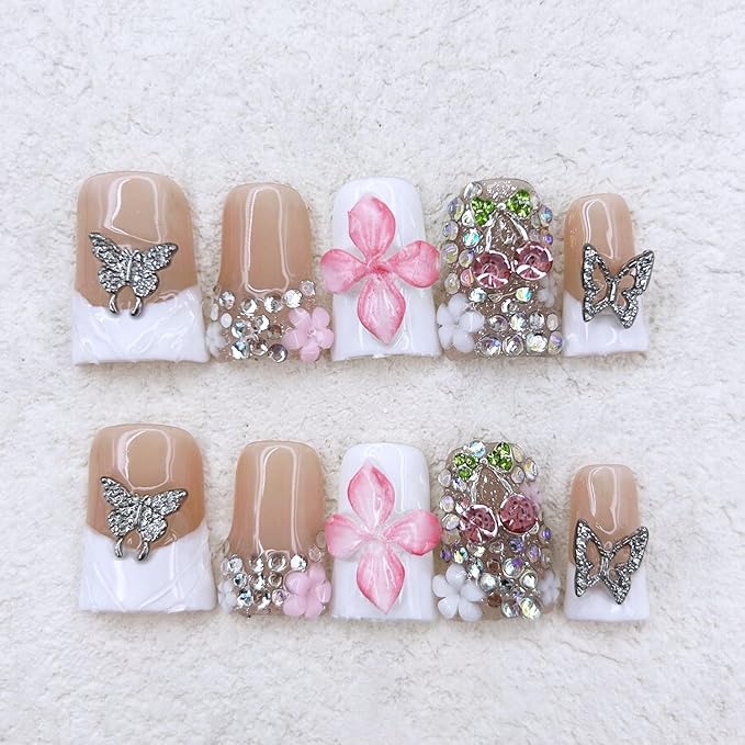 10 Pcs Handmade Press on Nails with Glue，3D Butterfly Duck False Nails Gradient Flowers Sparkly Artificial Glossy Colorful Rhinestones Designs French Tip Fake Nails Acrylic for Women Girls DIY（Size M)