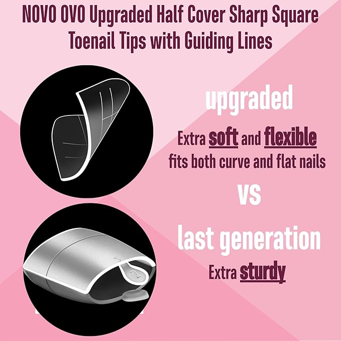 NOVO OVO Upgraded Flexible Half Cover Soft Gel Fake Toe Nail Tips with Auxiliary Line for Toenail Extension, Sharp Square Medium Wide for Men Women Acrylic pedicure in Salon x 15 Sizes 240 Pcs