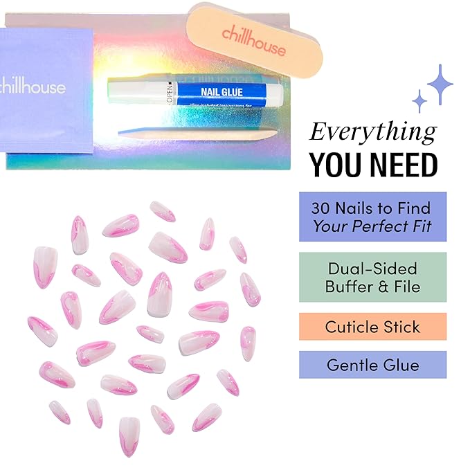 Chillhouse - Chill Tips, Press on Nails Kit - Prima Ballerina (Almond) - 30 Nail Shapes & Sizes - Up to 2 Weeks of Wear - Customizable Fit - Reusable -Latina Founded & Women Owned -Beauty & Self Care