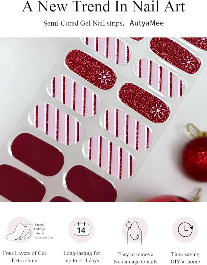 Semi Cured Gel Nail Strips (Christmas Wine Red), Christmas Wine Red, 20 Pcs Gel Nail Wraps, Stickers, Snowflake, Works with Any UV Lamps