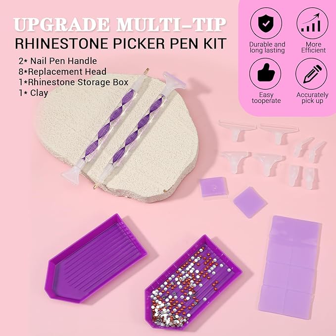 Rhinestone Pickup Tool Set: 2 Pcs Rhinestone Picker Handles Dual-Ended Rhinestones Applicator Dotting Tool Pen Shiny Diamond Dot Drill Pen for DIY Home Nail Salon