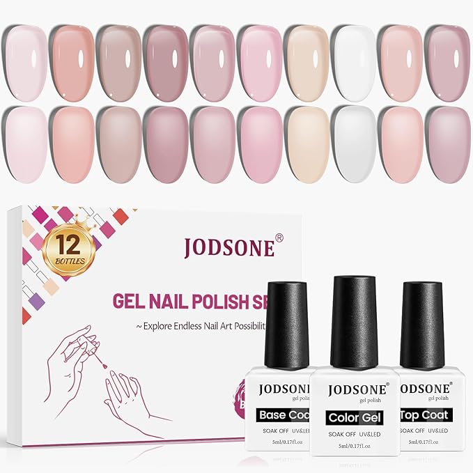 JODSONE 12 PCS Gel Nail Polish Set with Base Coat Top Coat 10 Colors White Pink Nude Jelly Gel Polish Perfect for DIY Nail Art at Home