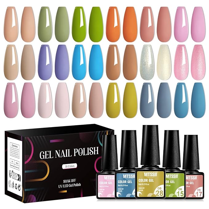 MTSSII Gel Nail Polish Set 18 Colors Nude Gel Polish Kit Pink Purple Green Blue Long Lasting Soak Off UV Nail Polish Set Gifts for Women