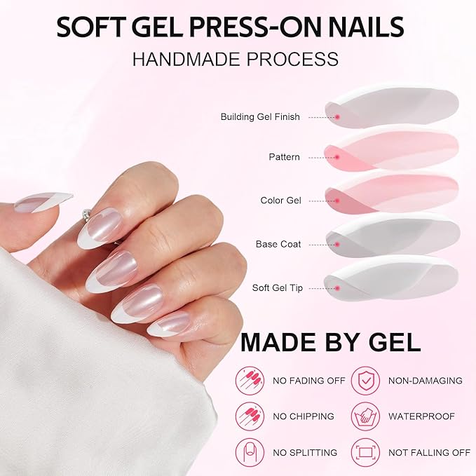 Findigit Press On Nails Short French Tip - Short Soft Gel Press On Nails with Nail Glue, Fit Natural Reusable Stick On Nails in 16 Sizes - 32 Fake Nails Kit,Jelly French