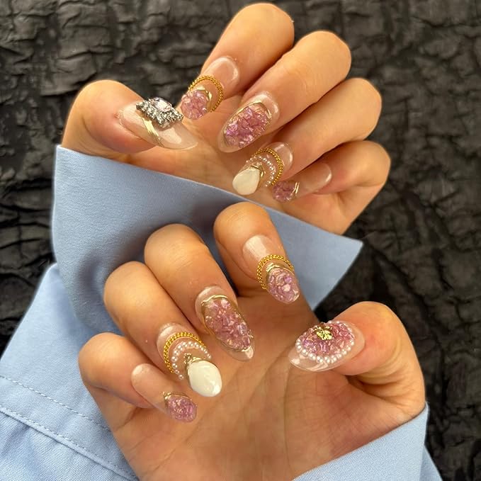 Handmade Press On Nails Medium Oval,Gold Chain&Pearl French Nail Tip,10Pcs Acrylic Fake Nails with Charm Design,Glue On Nail with 3D Rhinestone Stick On Woman Fingernails