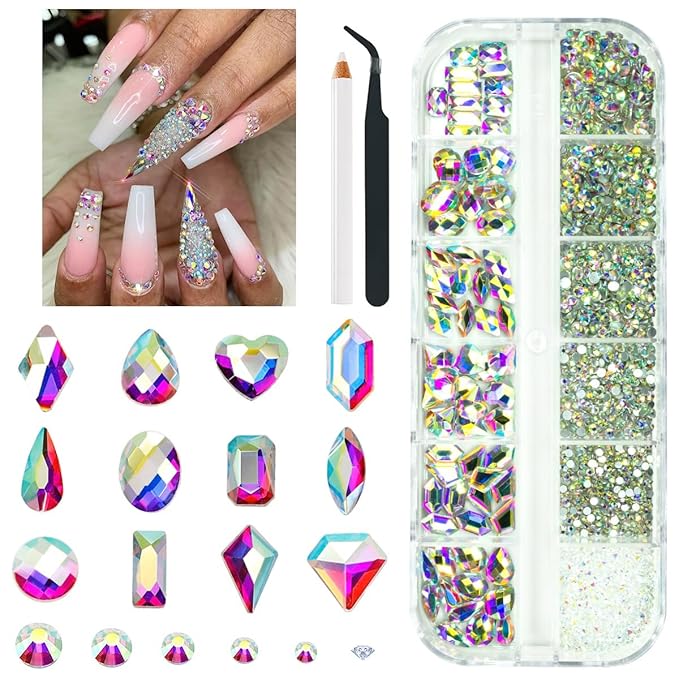 2052Pcs Crystal AB Nail Rhinestones AB Crystal Nail Charms 72 Multi Shapes Flatback Rhinestones Big Nail Art Gems +1980 Round Beads K9 Glass Stones Diamonds Jewels for Nails Faces Eyes Makeup