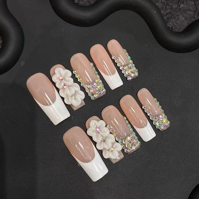 Handmade Press on Nails Medium Square Fake Nails White French False Nails Rhinestone Cute 3D Flower Full Cover Stick on Nails Handmade for Girls Manicure Art Decoration Accessories (Size S)