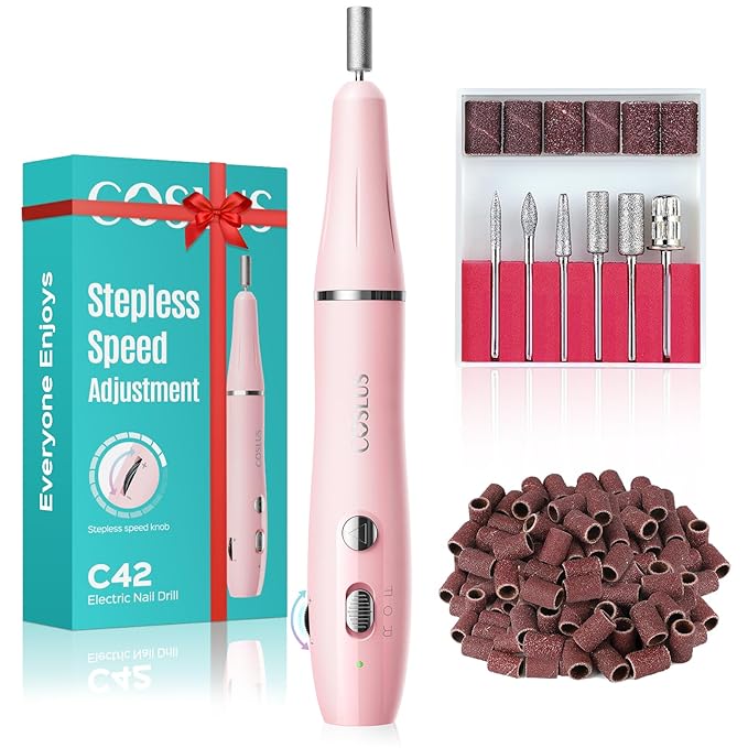 Cordless Electric Nail Drill File: COSLUS Nail Drill Machine with Stepless Speed Knob for Acrylic Gel Dip Powder Polish, Professional Portable Manicure Pedicure Kit Rechargeable for Home Salon Use
