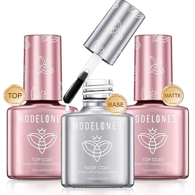 modelones Gel Top Coat and Base Gel Polish, 3 PCS Clear Glossy and Chrome Proof Matte Top Coat No Wipe, Base Coat Nail Polish Upgrade Formula Pro Manicure Essential Kit Gift for Women Girls Starter