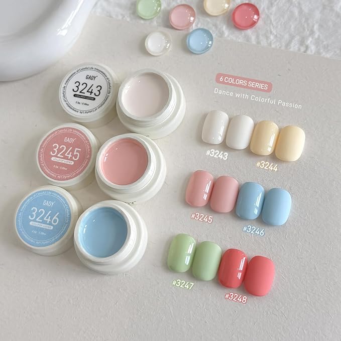 GAOY Pastel Gel Nail Polish Set, 6 Shades Including White Pink Blue Green Cream, for Gel Manicure Nail Art DIY & Color Painting, Lollipop Luster