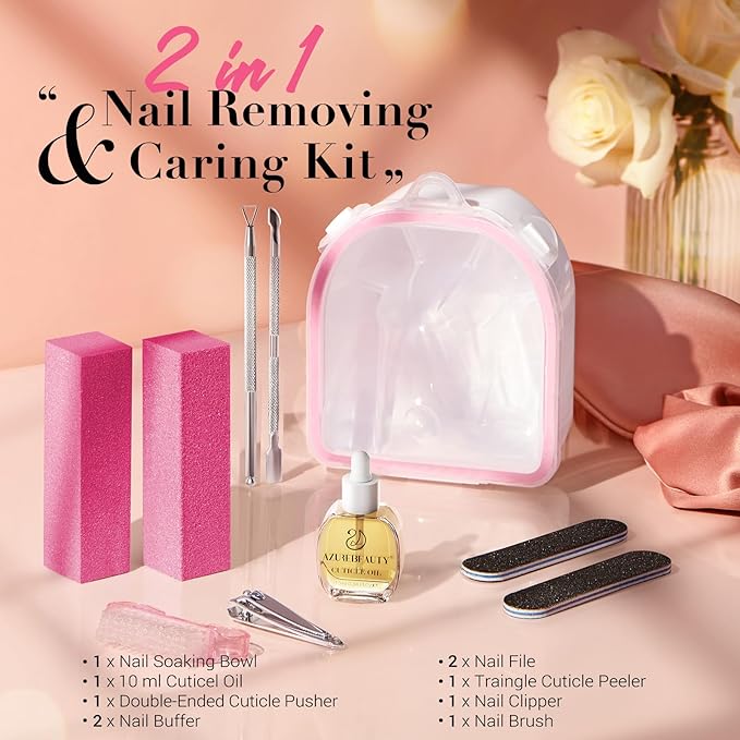 AZUREBEAUTY Nail Soaking Bowl, Soak Off Dip Powder Gel Polish Remover, Manicure Bowl for Hand with 15ml Cuticle Oil Nail Art Tools, Nail Brush, Cuticle Pusher, Cuticle Peeler, Nail File Buffer