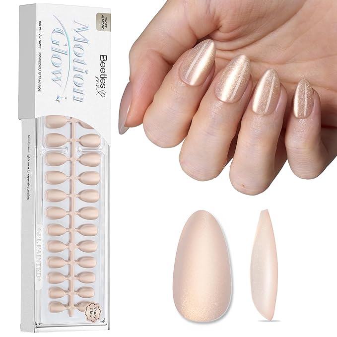 Beetles Motion Glow Nail Tips, Cat Eye Short Almond Nail Tips Set, Full Cover Fake Nail Tips Soft Nail Gel Extensions for Nail Art, 160PCS 16 Sizes, Salon Quality Look DIY Manicure Honey Glow