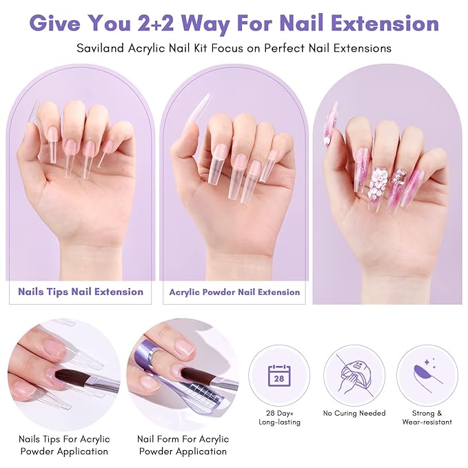 SAVILAND Acrylic Nail Kit with Drill: 15g White Pink Clear Acrylic Powder and Liquid Set with False Tips Nail Forms Brushes Primer Top Gel Manicure Tools Kit with Everything for Beginners Home DIY