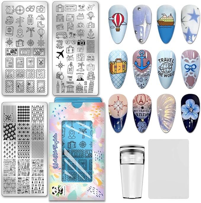 PH PandaHall 3pcs Travel Elements Nail Stamping Plates Postage Stamp Nail Art Stencils Compass Camera Nails Art Templates Adventure Travel Nails Design Stamp for Women Manicures Salon DIY Printing