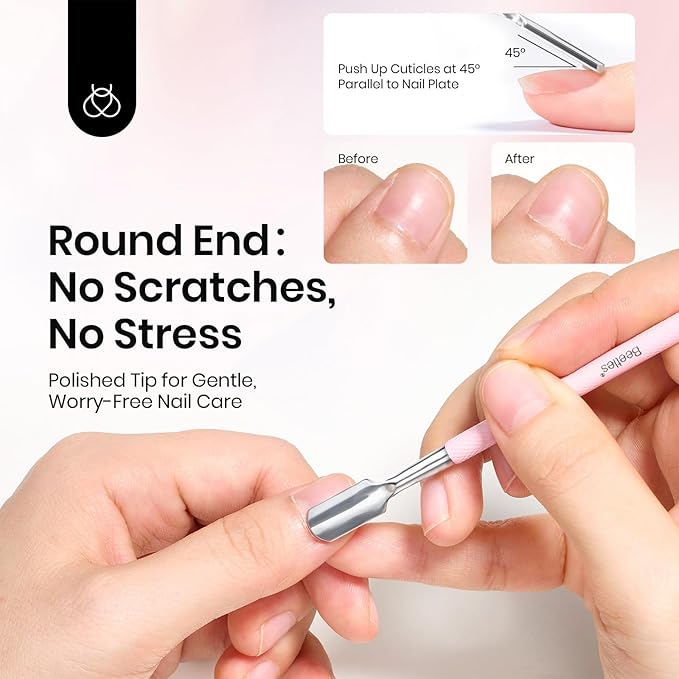 Beetles Cuticle Pusher Dual Ended Cuticle Remover with Round End Push Back Cuticles Fork End Remove Lifted Cuticles Nail Prep Tool Stainless Steel Pink Two in One Dead Skin Nail Scraper