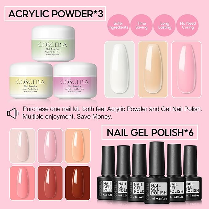 COSCELIA Acrylic Nail Kit for Beginners with Everything Professional Acrylics Powder 6pcs Gel Nail Polish 18pcs Glitter Decoration Powder Nails Kit Acrylic Set with Drill Light Gifts for Women
