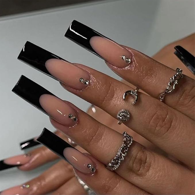 Black French Tip Press on Nails Long Coffin Fake Nails with Rhinestones Design Acrylic Nails Press ons Full Cover False Nails with Glue for Women Daily Wear Simple 24Pcs