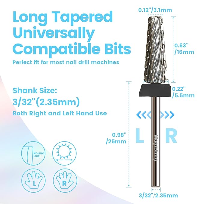 16mm 5 in 1 Tapered Barrel Nail Drill Bits, 3/32'' Safety Tungsten Carbide Bits, Right & Left Rotation, Manicure Cuticle Gel Acrylic Removal Polishing, Technicians Bits, Extra Coarse