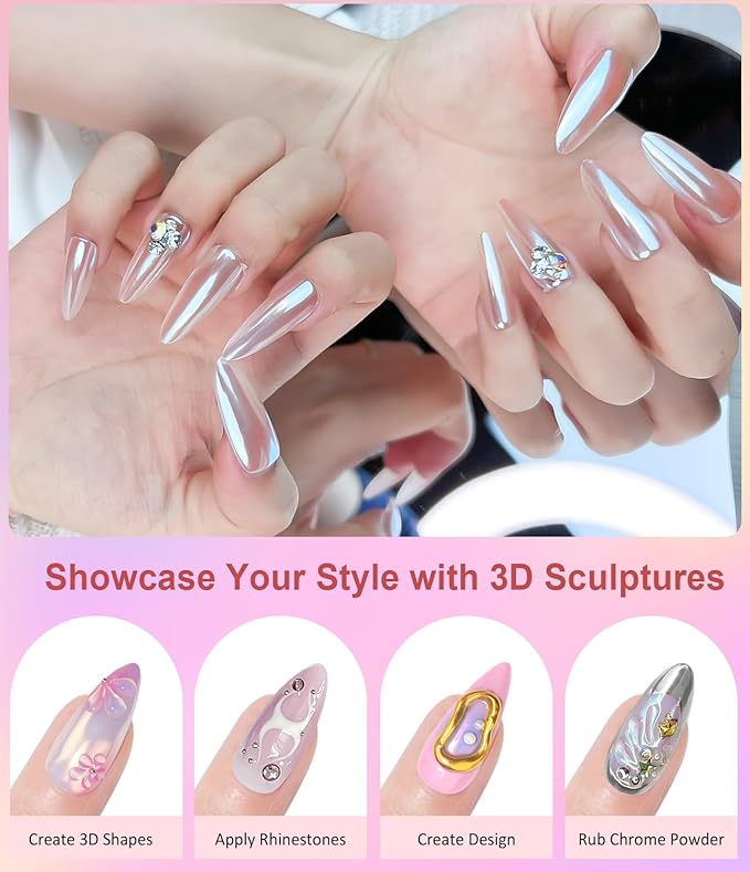 3D Nail Gel and Chrome Nail Powder Kit BISHENGYF: 15g No Wipe 3D Sculpting Gel White Aurora Pink Chameleon Gold Chrome Nail Powder with Clear 3D Carving Nail Molding Glue Set for Nail Art Decoration