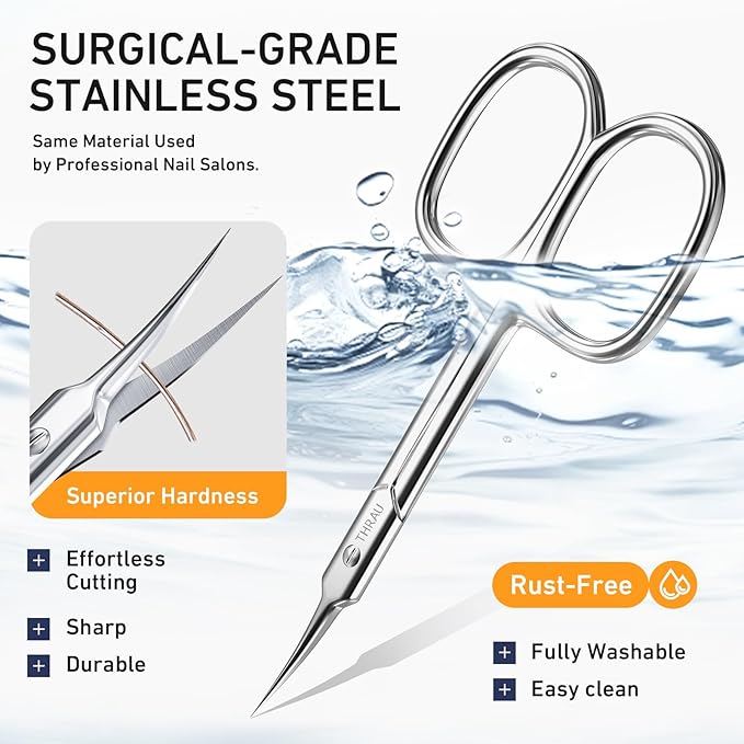 THRAU Cuticle Scissors Extra Fine for Manicure and Pedicure, Curved Blade Nail Scissors, Precise Pointed Tip Grooming Kit for Eyebrow, Eyelash, Trim Nail and Dry Skin, Small Scissors
