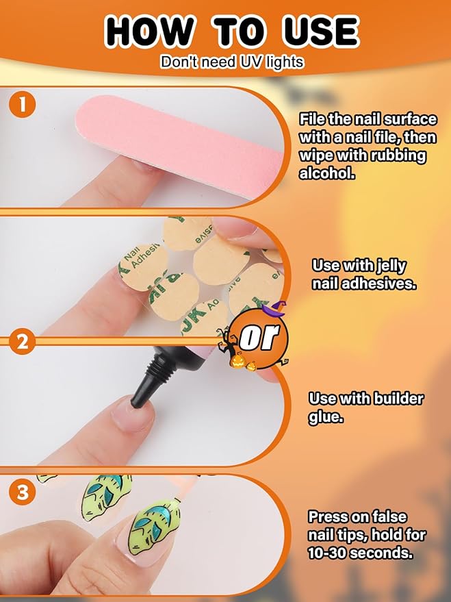 26 Pieces Halloween Press on Nails for Kids, EBANKU Kid Fake Nail Kit Green Spider Web Nightmare Press on Nails for Girls 7-12 Years with Nail Glue