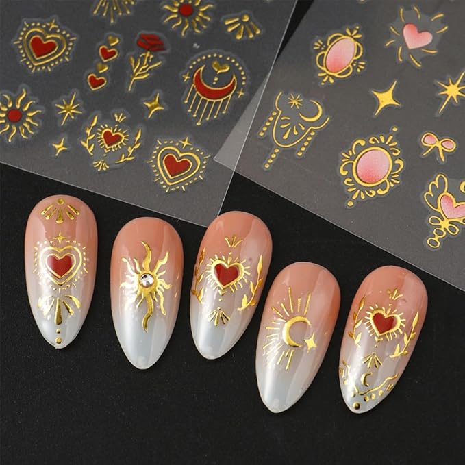 6 Sheets Sun Star Nail Stickers for Nail Art 3D Gold Silver Heart Nail Art Stickers with Sun Star Moon Self-Adhesive Design Nail Art Supplies Chrome Nail Decals for Women Acrylic Manicure Decorations