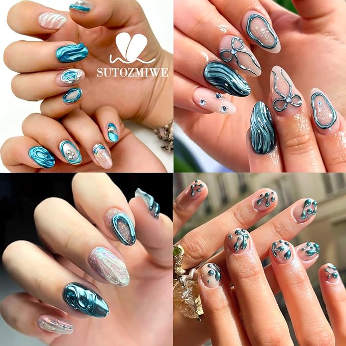 3D Gel Nail Art & Chrome Nail Powder Kit, Metallic Mirror Effect Holographic Aurora Iridescent Chrome Pigment Glitter Dust and 10g Clear 3D Sculpting Gel for DIY Nail Art (Lake Blue)