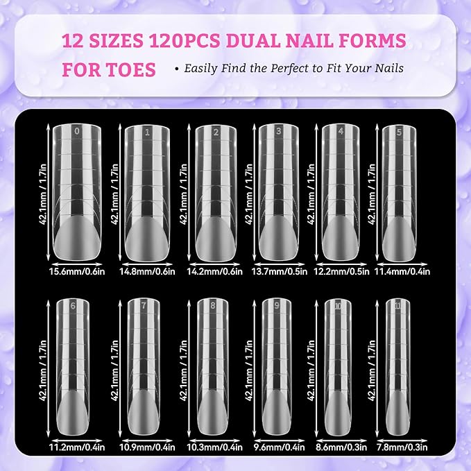 120pcs Long Square Dual Toe Nail Forms Clear Matte Full Cover Toenail Art Mold with Scale for Polygel Extension Beginners DIY Manicure with Dual-ended Brush Nail File Coffin Nails 12 Sizes