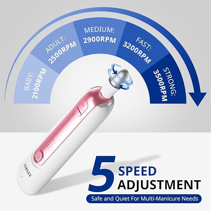 AIRSEE Professional Manicure Pedicure Kit,Cordless 6 in 1 Electric Nail File for feet,5 Speed Rechargeable Pedicure Tools for Thick Nail Toenail Cuticle, Hand Feet Trimmer Buffer for Women Men,Pink