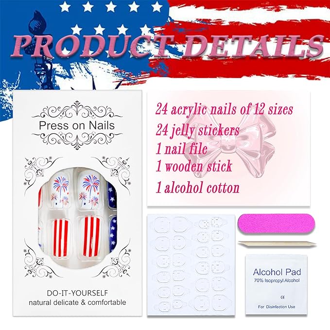 4th of July Press on Nails Medium Square Flag Fake Nails False Nails with Designs Stars Fireworks Full Cover Glossy Glue on Nails Blue Red White Acrylic Nails for Women Girls 24 Pcs