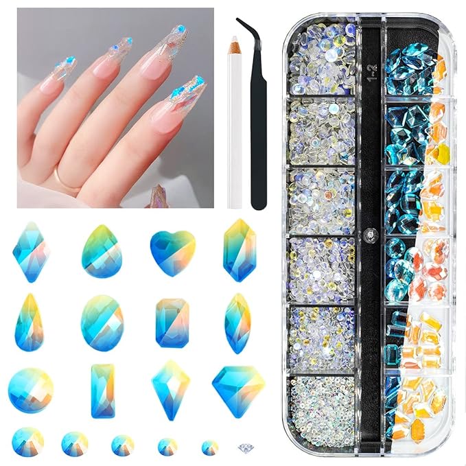 Aurora Nail Art Rhinestones Clear Moonlight Nail Charms Multi Shapes Aurora Flatback Rhinestones Big Gems Round Beads K9 Glass Crystals Diamonds Jewels for Nails Faces Makeup