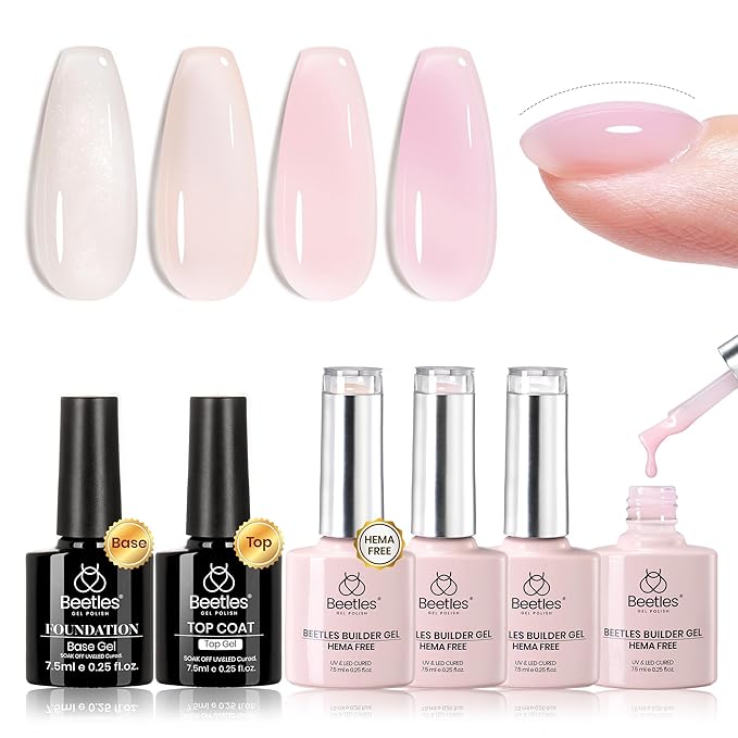 Beetles Builder Gel Set HEMA Free-Bare Mist 4 Color 7 in 1 Nail Thickening Strengthening Building Apex with Base & Top Coat for Beginner DIY Salon at Home,Jelly Builder Nail Gel,UV & LED Lamp Cured