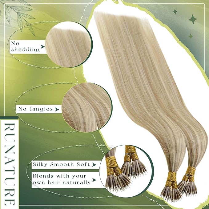 RUNATURE 24 Inch Nano Bead Hair Extensions Human Hair Blonde Highlights Light Blonde Nano Hair Extensions Real Hair Full Ends Long Straight Hair for Women 50G 50S #8P60