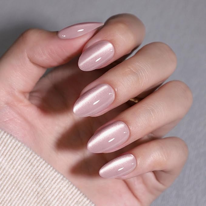 Pink Cat Eye Press on Nails Short - SHANGMENG Soft Gel Press on Nails Almond for Women Gift, Fit Perfectly & Natural Glue on Nails in 16 Sizes - 32 Reusable Fake Nails with Glue, Beige Pink