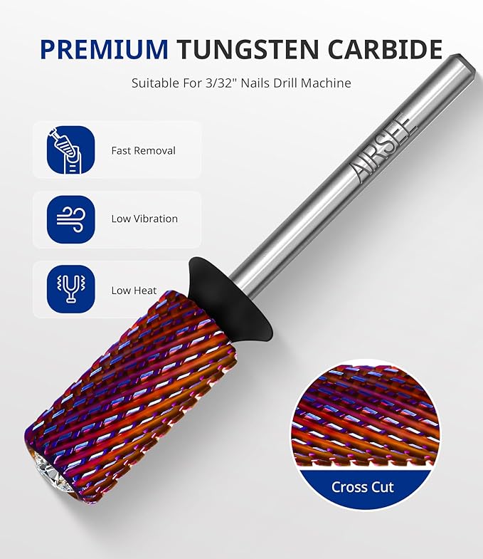 AIRSEE Tungsten Carbide Acrylic Nail Drill Bit Super Cut Bit Efile Electric File Machine Head Tip for Manicure Polishing Art Remove Gel Professional 3/32" Beginner Safety Crystal Top Barrel X Coarse