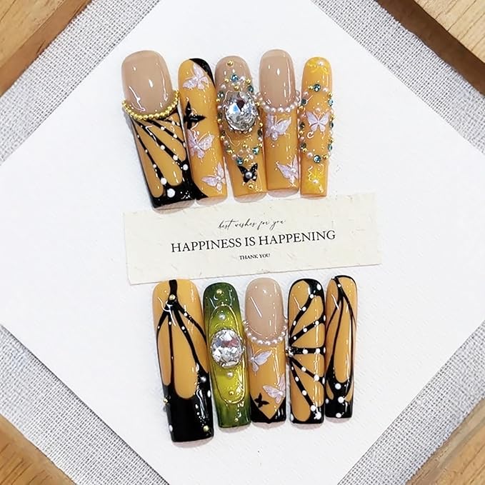 Handmade Press on Nails Long Square Fake Nails French Tip Yellow with 3D Butterfly Designs luxury Glossy Rhinestones Cute Acrylic Nails for Women 10pcs (Size M）