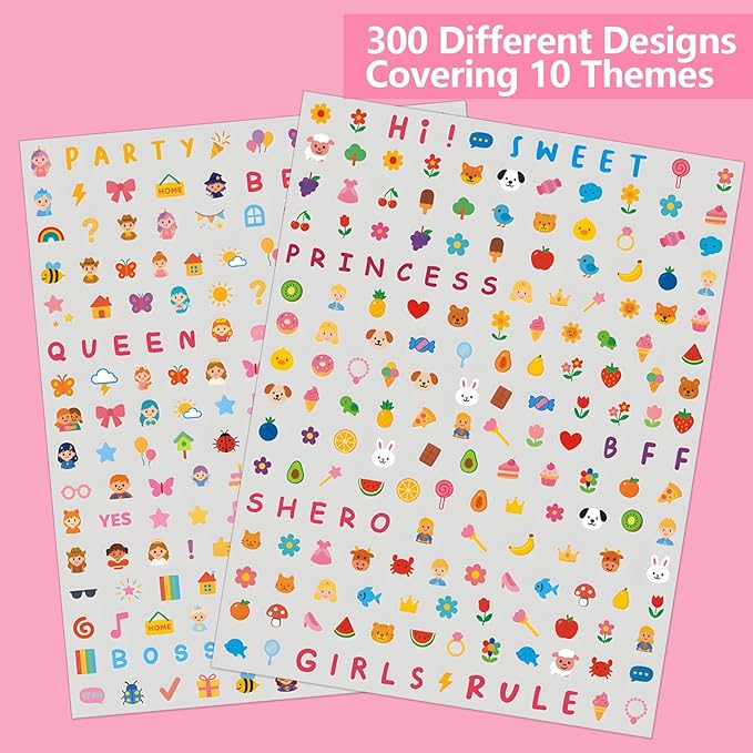 Mini Nail Art Stickers - 800 Pcs Birthday Party Favors, Cute 3D Self-Adhesive Flowers, Animals, Fruits Designs - DIY Home Nail Art Decals for Women Easter Basket (6 Sheets)