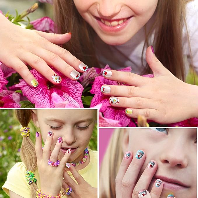 JANYUN 96 Pcs Kids False Nail Stick on Nails Full Cover Short False Nails Children Nail Tips Lovely Gift for Kids Little Girls Nail Art Decoration (Fruits Color)