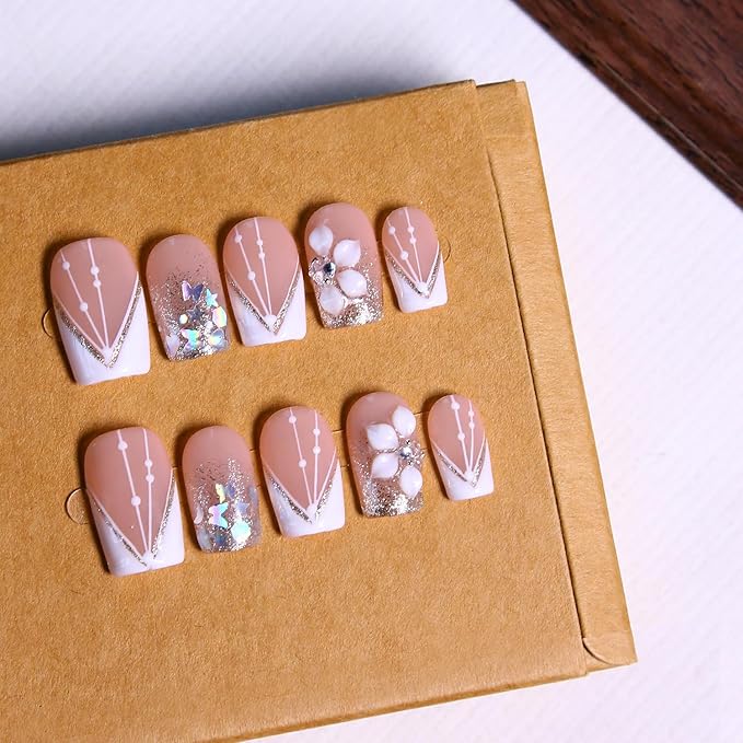 Press On Nails Medium Almond Shape - 3D Handmade Acrylic Gel Fake Nails with Glitter Designs, Reusable Thick Almond Nails for Women DIY Manicure Kit (10PCS, L Size, Easy Application)
