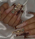 Press on Nails Square - Extra Long Fake Nails with 3D Rhinestones, Brown French Tips Nude False Nail with Glue Sticker, Fall Stick On Nails for Women, 12 Sizes - 24 Nail Kit, Amber Dusk