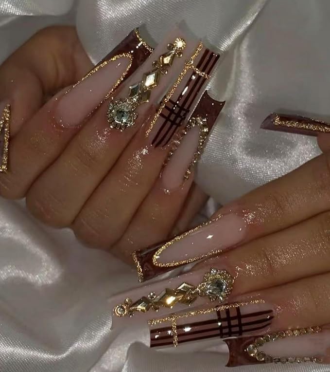 Press on Nails Square - Extra Long Fake Nails with 3D Rhinestones, Brown French Tips Nude False Nail with Glue Sticker, Fall Stick On Nails for Women, 12 Sizes - 24 Nail Kit, Amber Dusk
