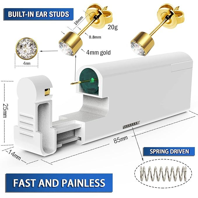 KAIQIKAIXI 2Pcs Ear Piercing Kit Automatic And Painless Ear Nail Gun Disposable Aseptic Household Ear Piercing Gun Portable Ear Piercing Gun Group Ear Piercing Tools (4mm, Golden)
