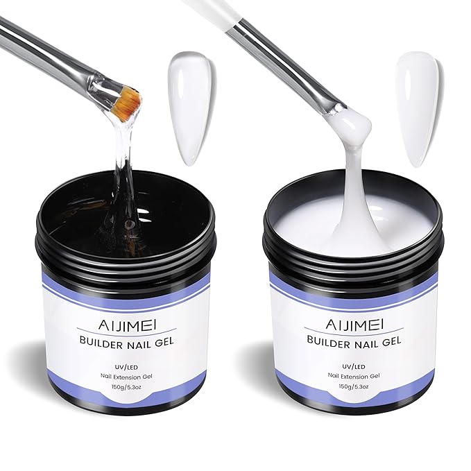 AIJIMEI 5oz Hard Nail Gel Builder Kit, Nail Builder Gel for Nails Art Clear White Colors NailExtensionGel HardGel for Beginner (Clear & White)