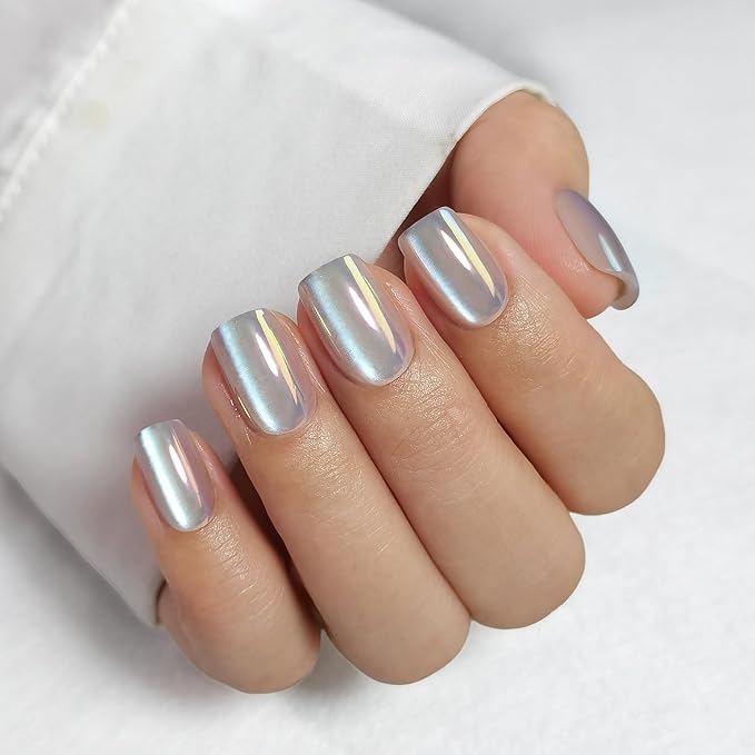 Press On Nails - Opal | Chrome Cateye High Gloss Square Fake Nails, Salon Quality| 32 Nails, 16 Sizes Kit with Glue and Adhesive Tabs I Female Founded - Beauty, Self Care