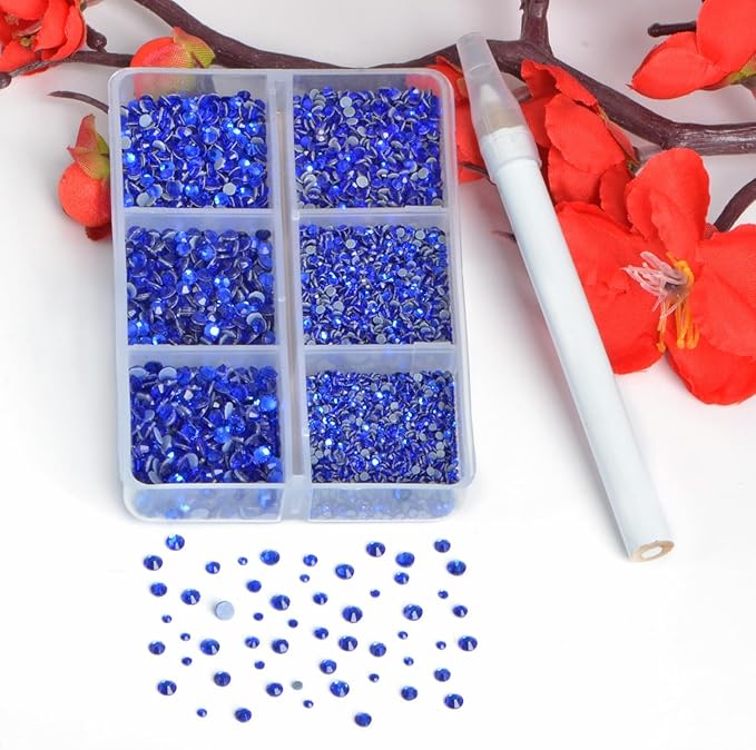 Bymitel Hotfix Crystal Rhinestones Round Gems for Crafts,Mixed 6 Sizes with Wax Pencil Kit, Sapphire 1.3-3.2mm(SS3-SS12/8000pcs)