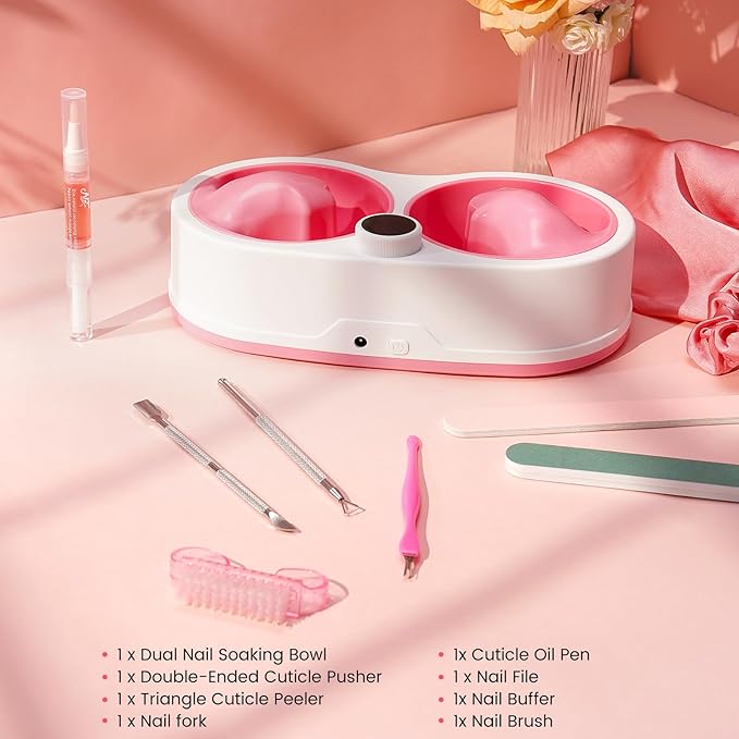 Dual Nail Soaking Bowl Electric: 31-50°C Temp Control Nail Soak off Bowl for Gel Polish Dip Acrylic Nails Remove- Heated Manicure Nail Remover Bowl Acetone Proof for Beginner Salon Home