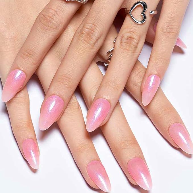 GLAMERMAID Pearl Pink Press on Nails Medium Almond, Handmade Nude Pink Neutral Jelly Sofy Gel Glue on Nail Stiletto, Glossy Fake Nails Short Oval，Reusable Acrylic Stick on False Nail Kits for Women