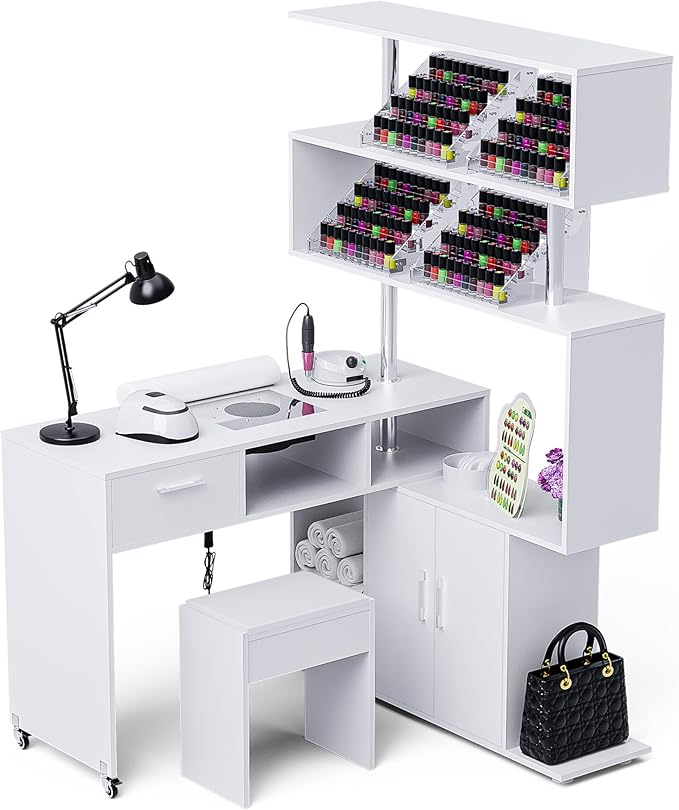 Manicure Table Nail Desk with Dust Collector, L-Shaped Nail Tech Desk with Stool, Two-Way Drawer, Cabinet & Storage Shelves, Rotating Reversible Manicure Workstation on Wheels (White)